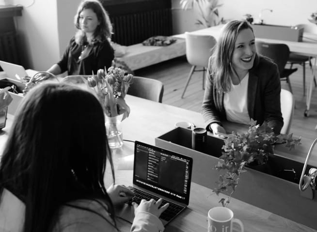 People is discussing in an office with laptop in front of them